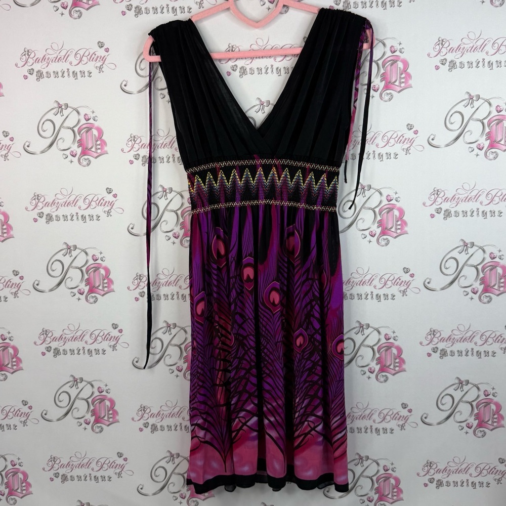 Thailand dress smocked feather style Aztec Elegant Black and Purple Dress - Picture 2 of 9